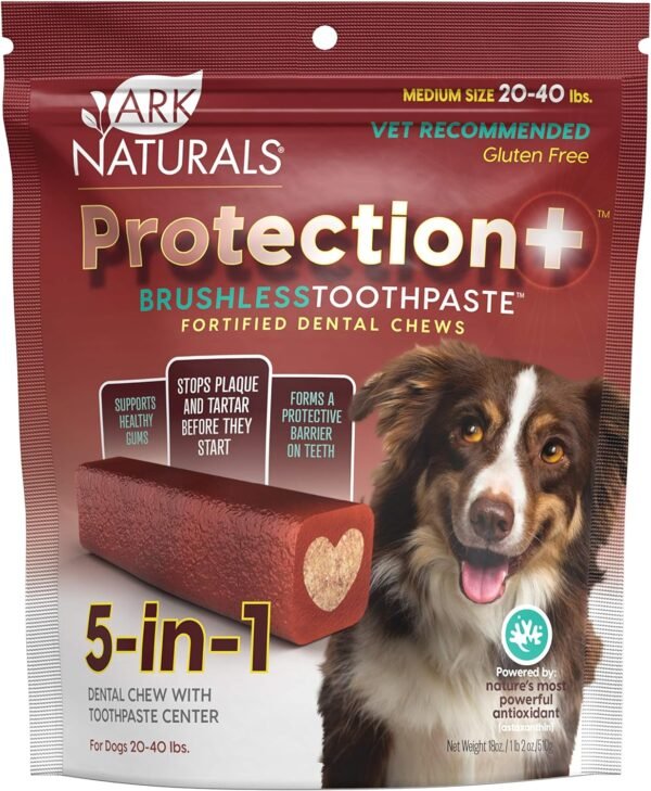 ARK NATURALS Protection+ Brushless Toothpaste – Medium Breeds, 18oz Bag – Dog Dental Chew with Toothpaste Center – Prevent Plaque & Tartar and Freshen Breath with Dental Chews for Dogs