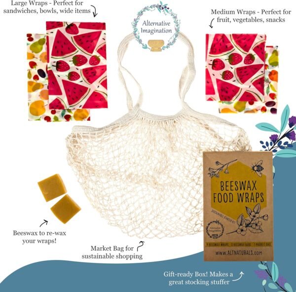 Beeswax Wrap Kit: Reusable Food Grade Beeswax Wraps for Food, Snacks, Sandwich, Eco Friendly Kitchen Storage - Includes 2 Wraps, 2 Beeswax Bars and Reusable Cotton Mesh Market Bag - Cute Fruit Themes - Image 4