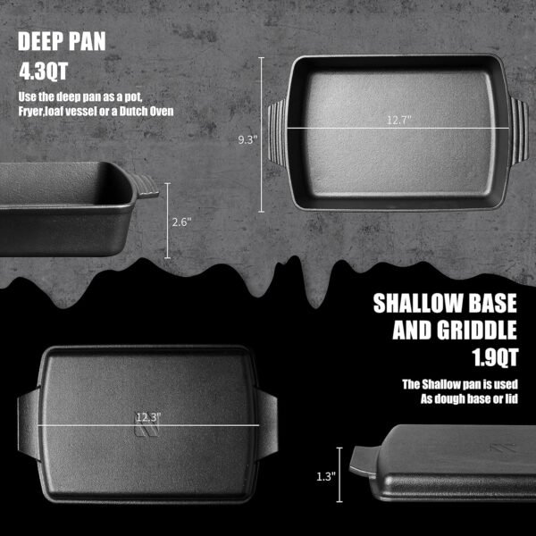 2-In-1 Pre Seasoned Cast Iron Dutch Oven With Skillet Lid,Casserole Dish,Rectangular Baking Pan,Griddle Pot Set, 6QT, 9"x13" - Image 5