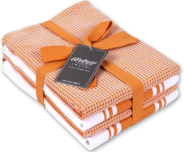 AMOUR INFINI Cotton Kitchen Towels - Set of 4 Highly Absorbent, Ultra Soft Waffle Weave Tea Towel with Hanging Loop - 20x28 Inch Quick Drying Dish Cloths for Cleaning (Orange)