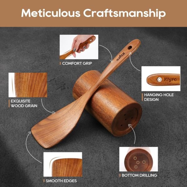 Wooden Spoons for Cooking, Nonstick Kitchen Utensils Set with 4 Piece Measuring Spoons, Comfort Grip Wooden Spatula Set, 9 Piece Teak Wooden Cooking Utensils with Holder and Spoon Rest - Image 3