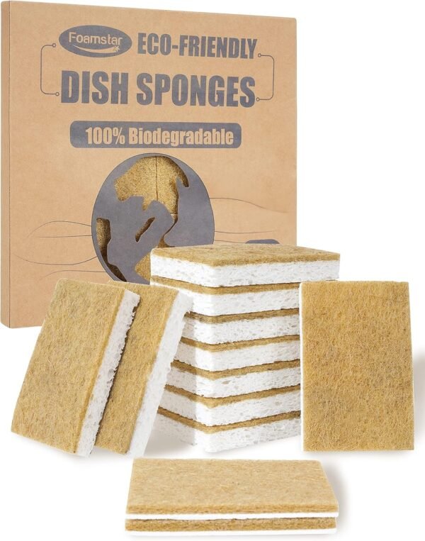 Biodegradable Natural Kitchen Sponge 12Pack, Compostable Cellulose and Coconut Walnut Scrubber Sponge