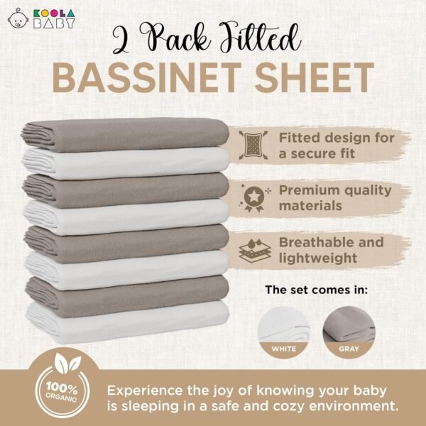 Bassinet Sheet for Bassinet Mattress - 100% Organic Jersey Knit Cotton - Snuggly Soft & Cozy Crib Sheets Fitted for Oval Rectangle & KoolaBaby Bedside Sleeper - White & Grey - 2 Pack (33 x 20) - Image 2