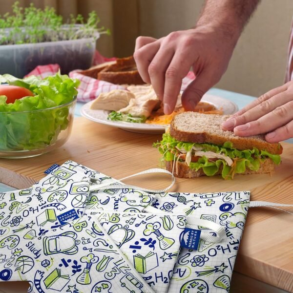 Nordic By Nature Reusable Sandwich Bag Snack Bags - Value Pack of 5 Dual Layer Lunch Baggies - Dishwasher Safe - Eco Friendly Cloth Wraps - Easy Open Zipper (Back to School) - Image 6