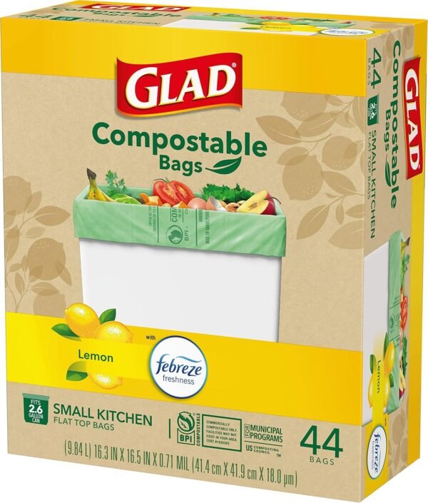 Glad Trash Bags, Kitchen Compost Bags 2.6 Gallon Garbage Bags, 100% Compostable Bag, Febreze Lemon, 44 Count (Package May Vary), Light Yellow - Image 13