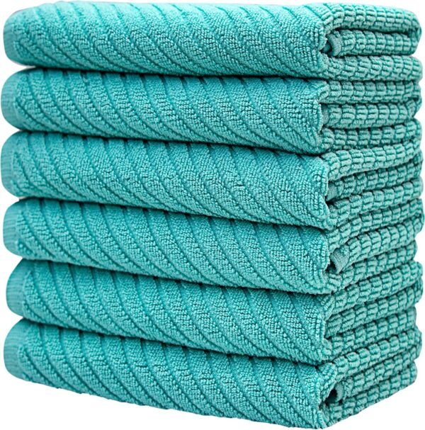 Premium Kitchen Towels (16”x 25”, 6 Pack) | Large Cotton Kitchen Hand Towels | Dish Towels | Diagonal Weave Design | 445 GSM Highly Absorbent Tea Towels Set with Hanging Loop | Aqua - Image 6