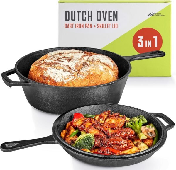 Modern Innovations 3-in-1 Dutch Oven, Cast Iron Pan (3.2QT) and Cast Iron Skillet (1.6QT) Combo, Cast Iron Pan with Lid, Preseasoned Cast Iron Pots and Pans Set, RV or Lodge Camping Cast Iron Set