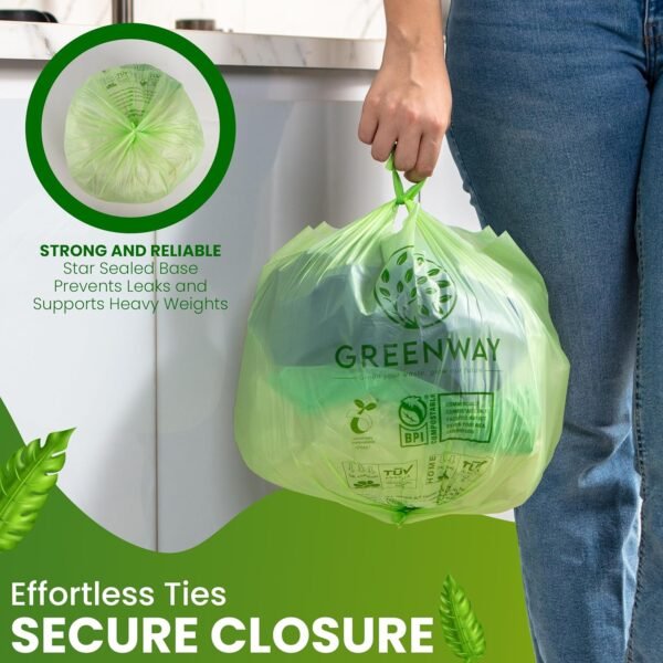 GREENWAY 1.6 Gallon Compostable Trash Bags Handle tie, 100 Count, Biodegradable Trash Bags for Countertop Bin, Kitchen, Office, and Outdoor, US BPI & Europe OK Compost Home Certified - Image 3