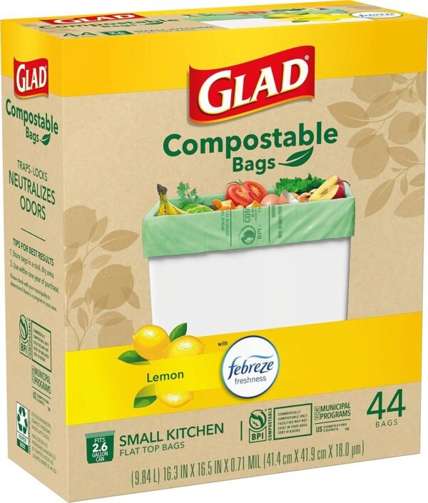 Glad Trash Bags, Kitchen Compost Bags 2.6 Gallon Garbage Bags, 100% Compostable Bag, Febreze Lemon, 44 Count (Package May Vary), Light Yellow - Image 11