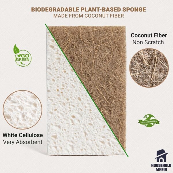 Biodegradable Natural Kitchen Sponge - Compostable Cellulose and Coconut Scrubber Sponge - Pack of 12 Eco Friendly Sponges for Dishes - Image 2