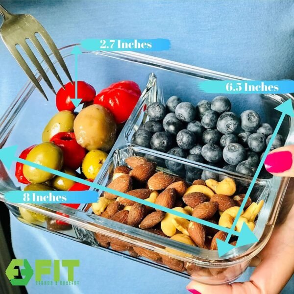FIT Strong & Healthy 2 & 3 Compartment Glass Meal Prep Containers (4 Pack, 32 oz) - Food Storage Containers with Lids, Bento Box , Portion Control, Airtight, Oven & Freezer safe - Image 2