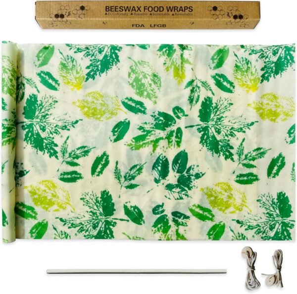 Beeswax Kitchen Food Wrap Whole Sheet 39.4"x13", Reusable Customizable Storage Wraps for Bread Sandwich Fruit Vegetable - Sustainable Gifts (Green Leaves)