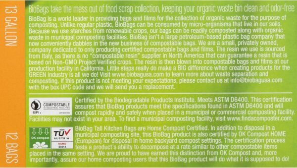 BioBag USA, 13 Gallon Compostable Kitchen Trash Bags, 144 Count, 100% Certified, Compatible with Backyard Composting, Keep Trash Clean and Free of Debris - Image 2