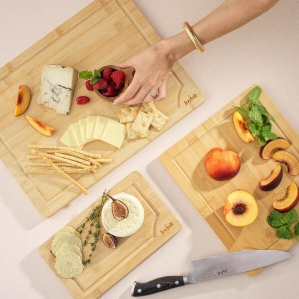 JoyJolt Bamboo Cutting Board Set, Wooden Cutting Boards for Kitchen. Large and Small Wooden Cutting Board Set; Serving Cheese Board, Bread Board or Chopping Board Set. Non Slip Wood Cutting Board Set - Image 9