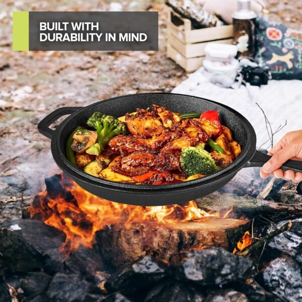 Modern Innovations 3-in-1 Dutch Oven, Cast Iron Pan (3.2QT) and Cast Iron Skillet (1.6QT) Combo, Cast Iron Pan with Lid, Preseasoned Cast Iron Pots and Pans Set, RV or Lodge Camping Cast Iron Set - Image 7