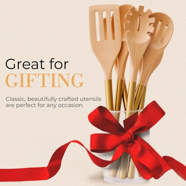 Wooden Utensil Set with Gold Stainless Steel Handles - 6 Piece Wooden Cooking Utensils for Nonstick Cookware - Stylish Wood and Gold Cooking Utensils for Modern Kitchens - Great for Gifting - Image 5