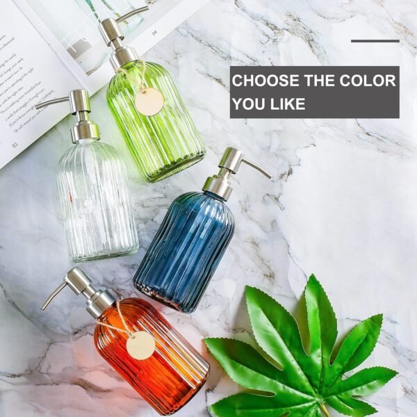 16 OZ Soap Dispenser，Tempered Glass Clear Vertical Stripe with 304 Rust Proof Stainless Steel Pump Refillable Liquid Hand Soap Dispenser，for Bathroom, Kitchen, Dish Soap，Lotion (Blue Grey) - Image 6