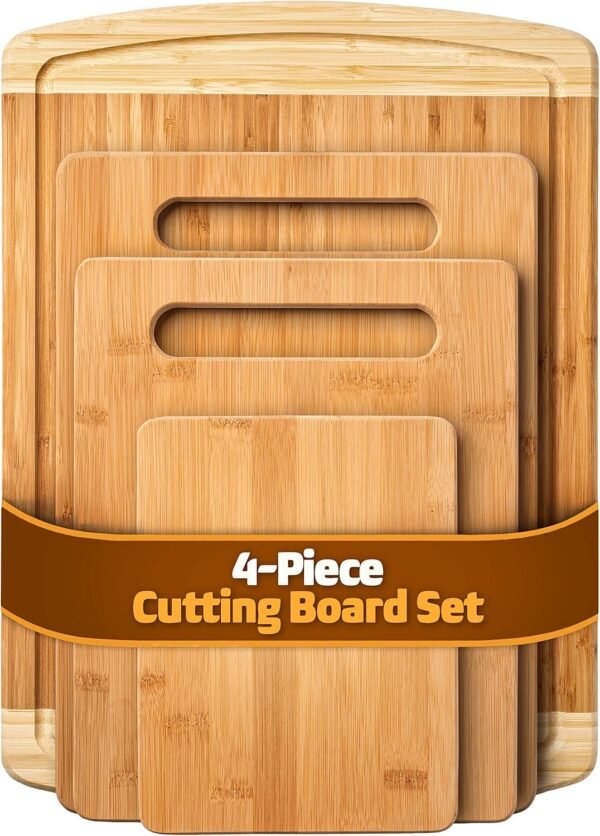 Bamboo Cutting Board Set - Wood Cutting Boards for Kitchen, Chopping Board with Juice Groove for Meat, Cheese and Vegetables - Large Butcher Block, Cheese Board & Charcuterie Board (Set Of 4)