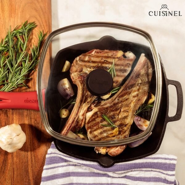 Cuisinel Cast Iron Grill Pan + Rectangular Cast Iron Grill Press + Tempered Glass Lid + Pan Scraper – Pre-Seasoned Ribbed Skillet – 10.5"-Inch Square Grillig Indoor/Outdoor Camping Fire BBQ Cookware - Image 6