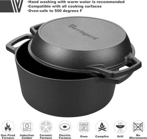 Pre-seasoned Cast Iron Double Dutch Oven Pot with Skillet Lid, Dual-handle, for Bread Baking, Outdoor, Campfire Cooking, 5 Quart - Image 4