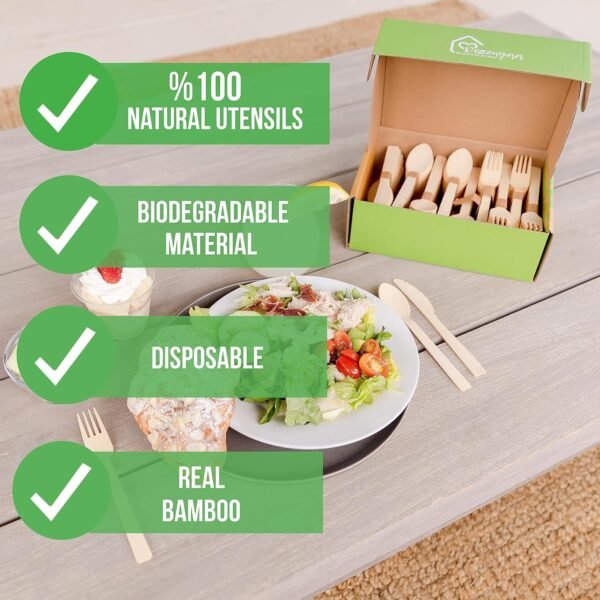 Disposable Bamboo Utensils, 200 Count PLUS BONUS 50 Knives [100 Spoon 100 Fork 50 knives] - Real Bamboo Eco-Friendly Compostable Cutlery - Image 7