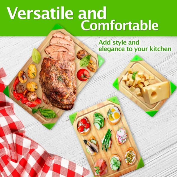 Bamboo Cutting Boards for Kitchen, Set of 3 with Juice Slot and Non-Slip Corners, Double-Sided Wooden Chopping Board for Meat, Fruits, Vegetables and Cheese - Image 8