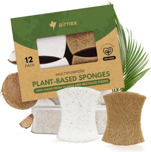 Biodegradable Natural Dish Sponges Kitchen Pack of 12 - Coconut and Cellulose Sponges for Dishes and Surfaces - Eco Friendly Non-Scratch Heavy Duty Dish Scrubber Sponges Bulk for Household