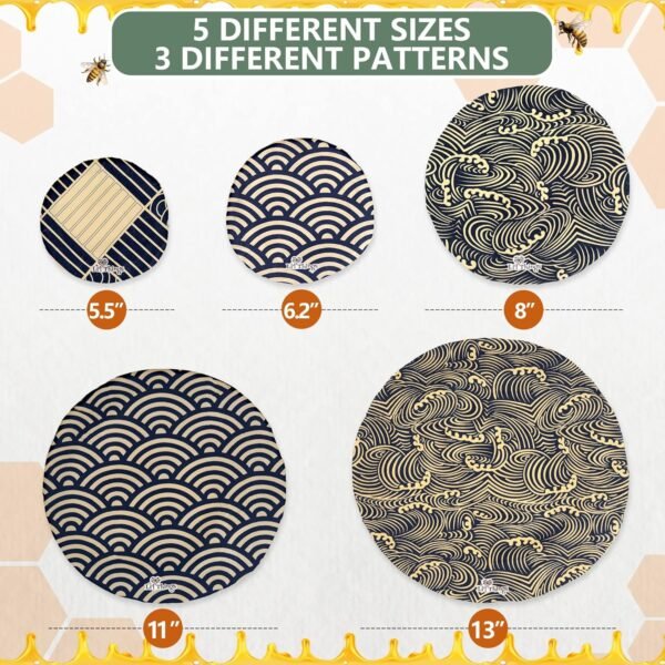 Li'l Things Eco-friendly Beeswax Bowl Covers | Improved Beeswax Coating | Elastic Food Storage Covers | Reusable Lids For Food, Fruits and Leftover | 5 Sizes | 3 Different Themes | Japanese Waves - Image 3