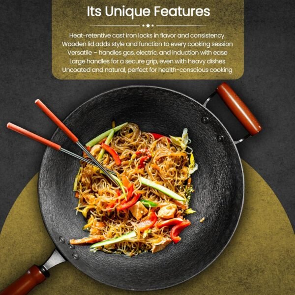 Pre-Seasoned Cast Iron Wok | Nonstick Stir-Fry Pan | Wok with Dual Handles and 4 Spatulas | Flat Bottom Wok with Wooden Lid and Wood Handle | Uncoated Traditional Chinese Wok for Induction - Image 3