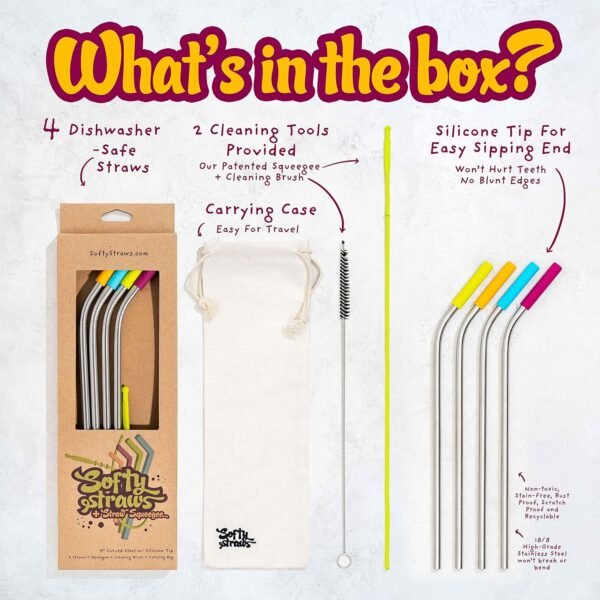 Premium Reusable Stainless Steel Drinking Straws With Silicone Tips + Patented Straw Cleaners and Carrying Case - 9” Long Metal With Curved Bend for 20/30/32oz Tumblers - Image 2