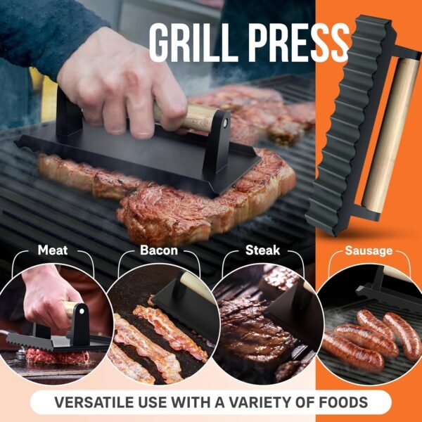 Cast Iron Griddle, Reversible Grill/Griddle + Cast Iron Press + Pan Scraper + Pinch Mitts, Grill Pan For Stove Top, Gas Grill, Indoor & Outdoor Cooking - Pre Seasoned & Non-stick (9.5" x 16.75") - Image 5