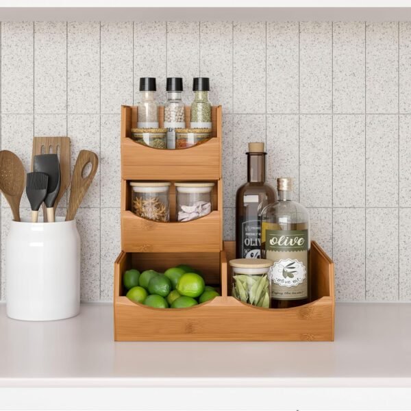 Seville Classics Bamboo Premium Organizer Storage Bins for Kitchen Silverware, Pantry, Closet, Office Desk, Pens, Utensils, Makeup, K Cup, Bamboo, Stackable Bin Set (3 Piece) - Image 4