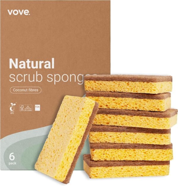 Premium Natural Kitchen Sponge | Non Scratch | Long Lasting | Waste Free | Washing up Kitchen | Natural Fiber | Eco-Friendly | Earth Friendly | Vegan | 6 Pack