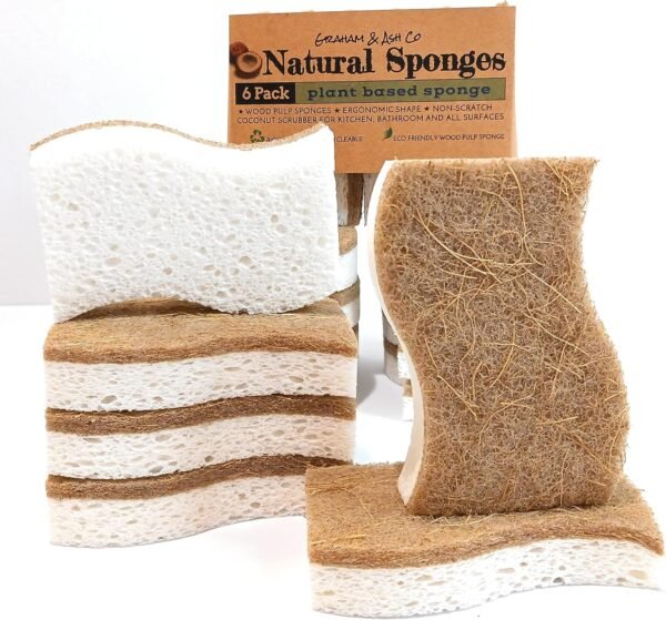 Graham & Ash Co 6 Pack Biodegradable Sponges - Sponges Kitchen Natural Sponges for Dishes Natural Sponge Dish Sponge - Eco Friendly Sponges Natural Kitchen Sponge (6)