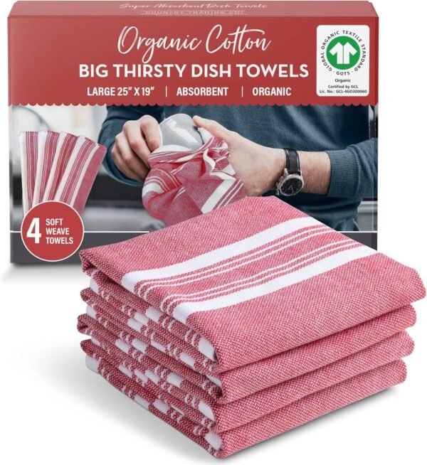 Country Trading Co. Big Thirsty Dish Towels - Organic Cotton Super Absorbent Kitchen Towels, Set of 4 – Soft Weave Machine Washable Tea Towels - 25” x 19” (Red)
