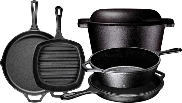 Bruntmor Pre Seasoned 6 pcs Pots And Pans Set - Double Dutch Oven Crockpot - Cooking Set - Cast Iron Skillets and Square Grill Pan with Lid - Outdoor Camping Cookware - Kitchen Accessories
