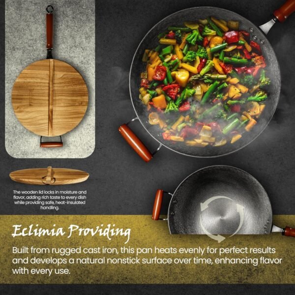 Pre-Seasoned Cast Iron Wok | Nonstick Stir-Fry Pan | Wok with Dual Handles and 4 Spatulas | Flat Bottom Wok with Wooden Lid and Wood Handle | Uncoated Traditional Chinese Wok for Induction - Image 8