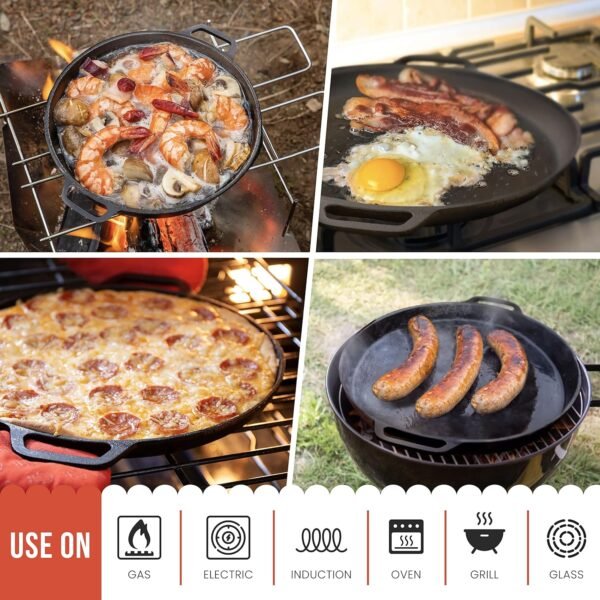Chef Pomodoro Cast Iron Pizza Pan, Pre-Seasoned 12 inch Cast Iron Skillet with Handles, Dosa Pan for Dosa Tawa Roti, Crepe Pan, Comal for Tortillas, Baking Stove, Oven, Grill BBQ and Campfire - Image 7