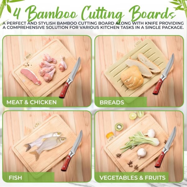 Premium Bamboo Cutting Board Set with Stand: Includes Bonus Meat Tenderizer and MultiKnife - Best Non-Toxic Cutting Boards, Best Kitchen Gift -I deal for Meat, Fish, Bread, Vegetables, and Fruits - Image 7