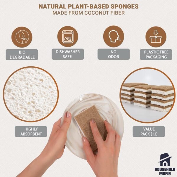Biodegradable Natural Kitchen Sponge - Compostable Cellulose and Coconut Scrubber Sponge - Pack of 12 Eco Friendly Sponges for Dishes - Image 3