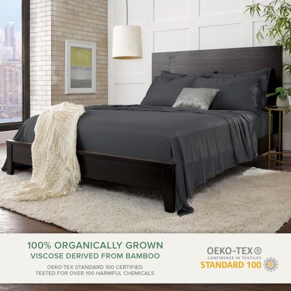 Queen Sheets by Pure Bamboo, Genuine 100% Organic Viscose Derived from Bamboo Bed Sheet Set, Luxuriously Soft & Cooling, Double Stitching, Lifetime Quality Promise (Queen, Charcoal) - Image 2