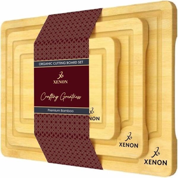 Xenon Wooden Cutting Boards for Kitchen Meal Prep & Serving - Bamboo Wood Cutting Board Set - Charcuterie & Chopping Butcher Block for Meat - Kitchen Gadgets Gift Set of 3
