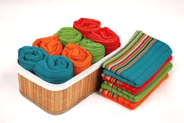 Kitchen Dish Towels Salsa Stripe | 100% Natural Absorbent Cotton Salsa Towels | Multi Purpose Waffle Tea Towels for Drying & Cleaning | Festive Red, Orange, Green and Blue (28 x 16 inches), 12-Pack - Image 4