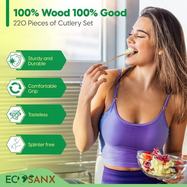 220 PCs Wooden Cutlery set | 6.5" Splinter Free Compostable Utensils, Biodegradable, Eco-Friendly | 100% All - Natural Bamboo Utensils for Outdoor, Party & More- Disposable Bamboo cutlery - Image 3