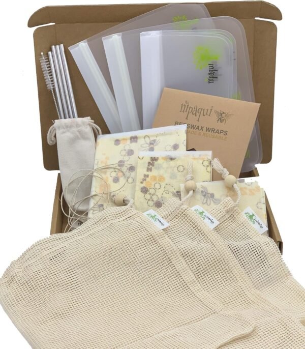 17 PCS Zero Waste ECO Friendly Gift: Reusable Food Storage Bags, Reusable Beeswax Wrap, Mesh Bags, Reusable Straws. Gift for women and men.