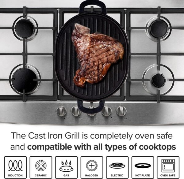 Nuwave Cast Iron Grill, 12.42”x10.21” Non-Stick Grilling Surface, Deep Grill Ridges, Pre-Seasoned, Stay-Cool Silicone Handles, Easy-to-Clean,Oven Safe,Stovetop,BBQ,Fire & Smoker,Induction-Ready,Black - Image 3