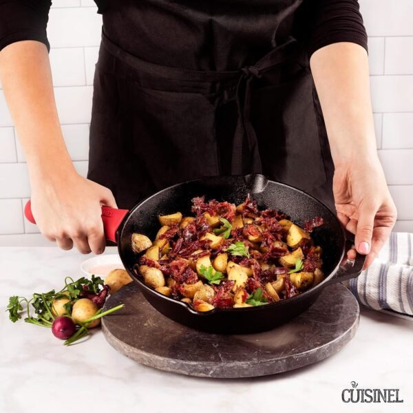 Cast Iron Skillet - 10"-Inch Frying Pan with Pour Spouts + Pan Scraper + Silicone Grip Handle Cover Holder - Pre-Seasoned Oven Cookware - Indoor/Outdoor Use - BBQ, Firepit, Stovetop, Induction Use - Image 4