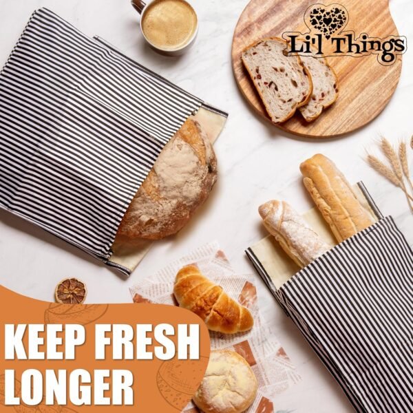 Li'l Things Eco-friendly Reusable Beeswax Bread bags | Improved Beeswax Coating | Set of 2 Sizes |13'x13' & 15’x9’ | 6 Different Themes | Great for Home-Baked Store Bought Bread | Stripey Black - Image 4