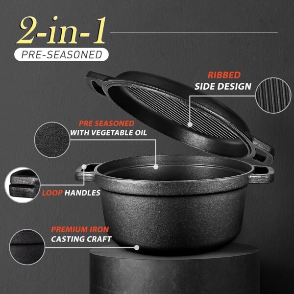 Pre-Seasoned Cast Iron 2-In-1 Heavy-Duty 5.5qt Dutch Oven With Skillet Lid Set, Oven,Grill, Stove Top, BBQ and Induction Safe - Image 3