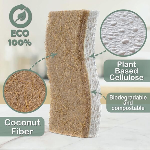 Natural Kitchen Sponge - Biodegradable Compostable Cellulose and Coconut Scrubber Sponge - 14pcs - Image 2